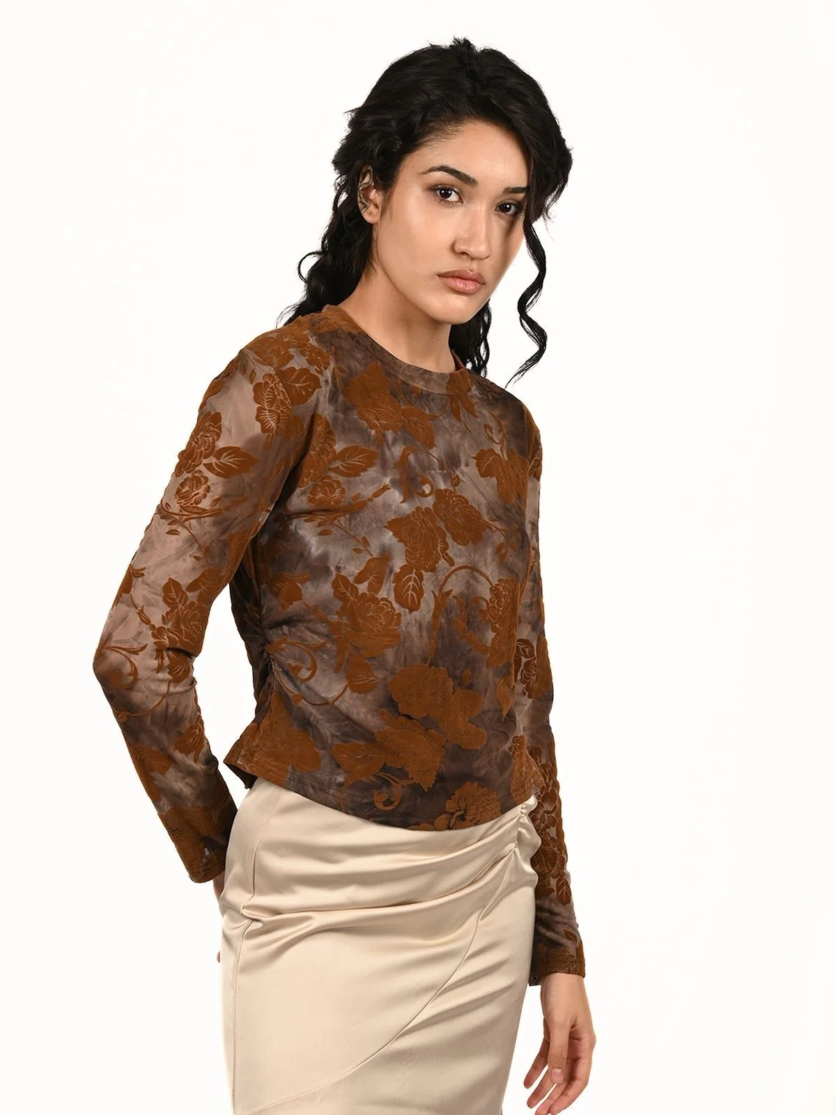 Odette Brown Net Printed Top For Women - Image 3