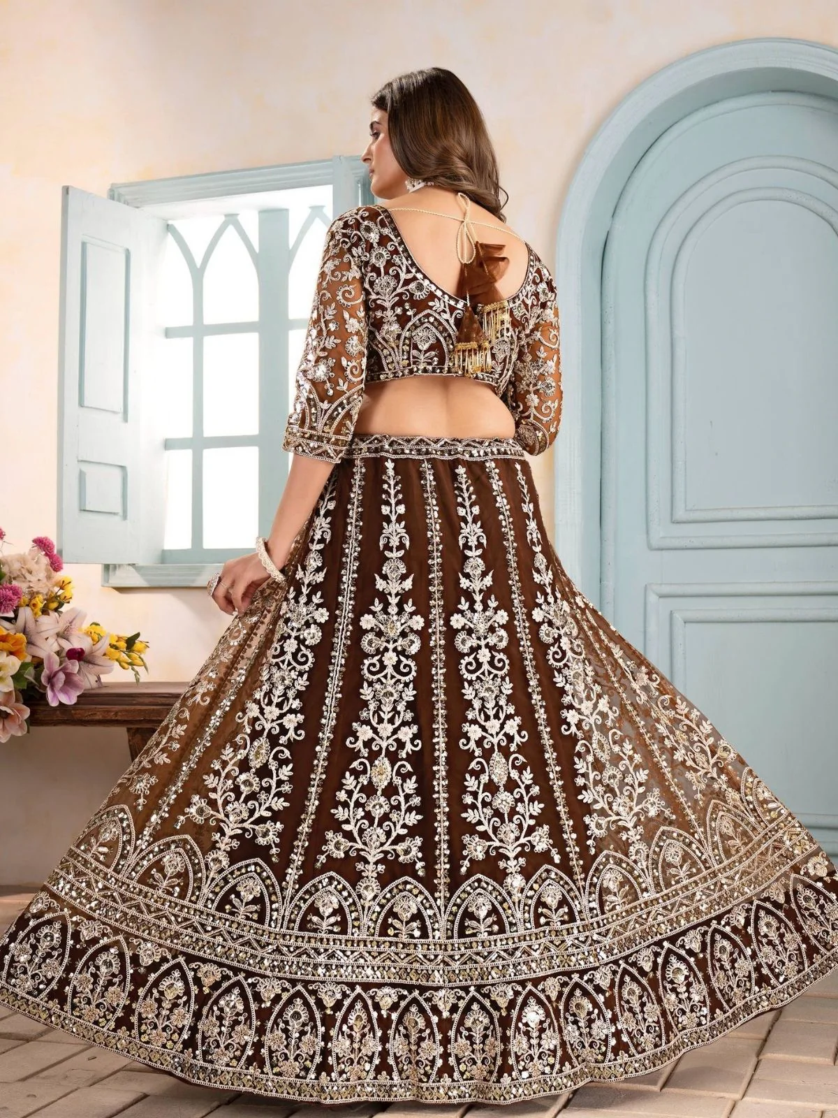 Odette Brown Net Sequence Embroidered Semi-Stitched Lehenga For Women - Image 2