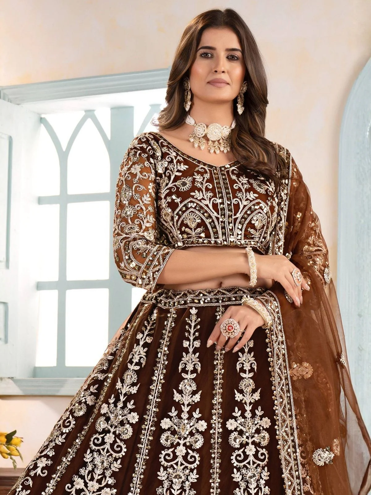 Odette Brown Net Sequence Embroidered Semi-Stitched Lehenga For Women - Image 4