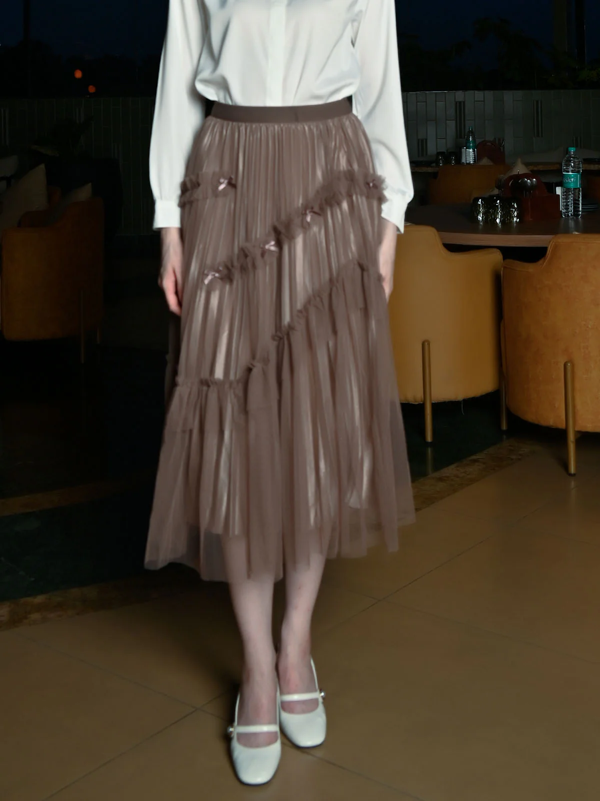 Odette Brown Net Solid Skirt For Women - Image 2