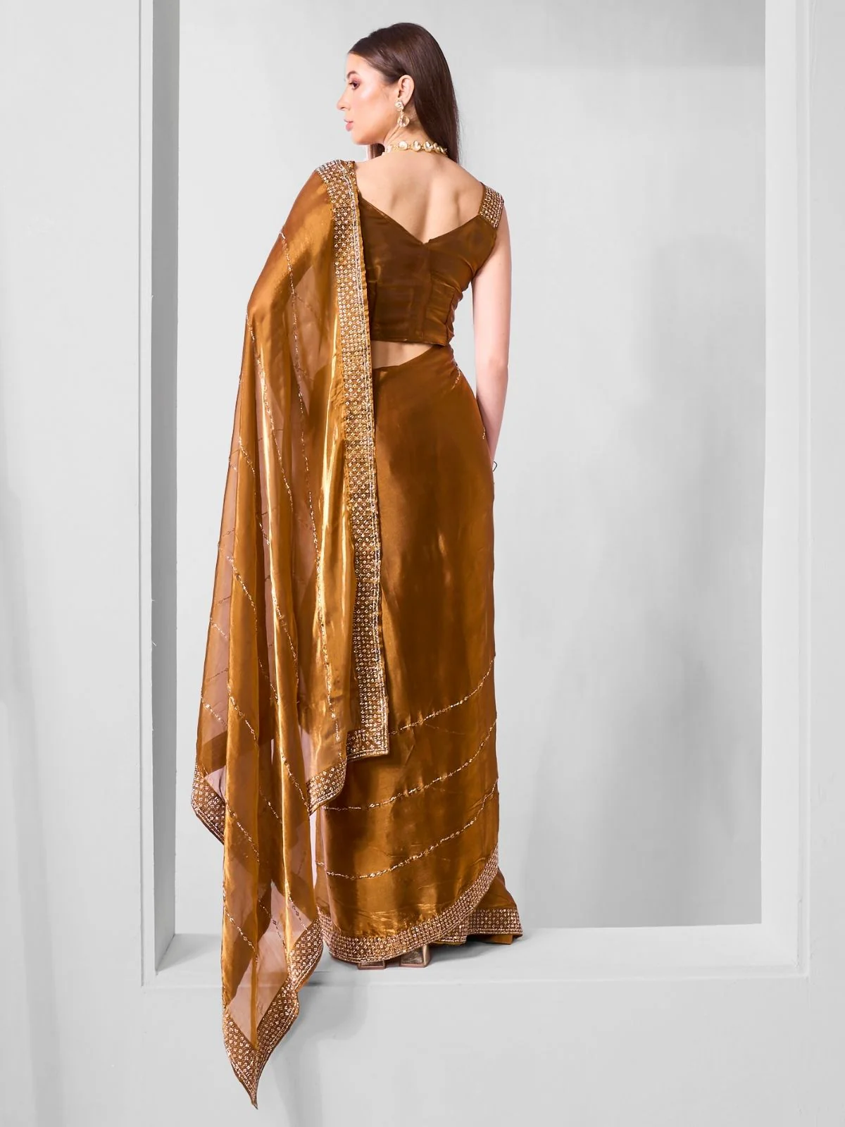 Odette Brown Organza Embroidered Saree With Unstitched Blouse For Women - Image 3