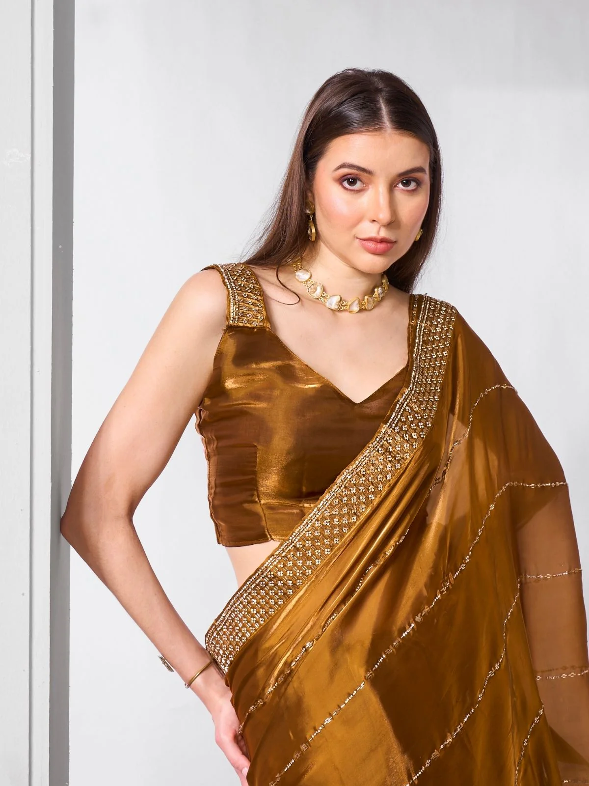 Odette Brown Organza Embroidered Saree With Unstitched Blouse For Women - Image 4