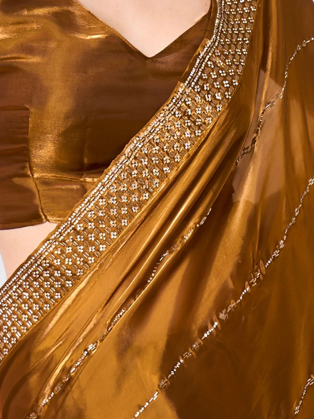 Odette Brown Organza Embroidered Saree With Unstitched Blouse For Women - Image 5