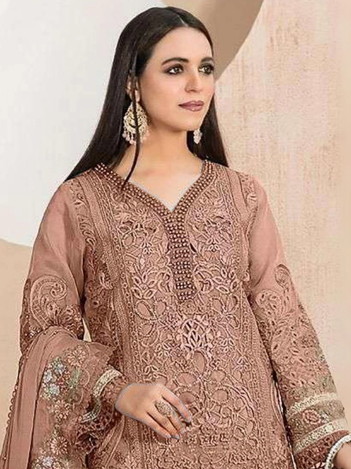 Odette Brown Organza Embroidered Semi-Stitched Kurta Set For Women - Image 2