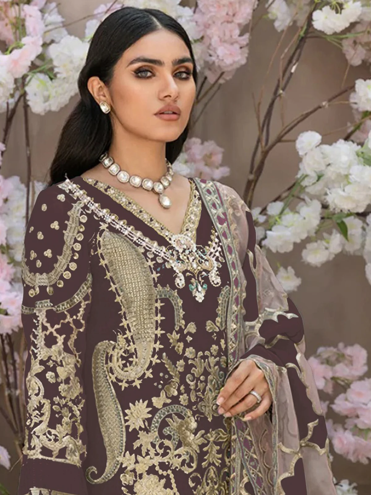 Odette Brown Organza Embroidered Semi Stitched Salwar Suit For Women - Image 2