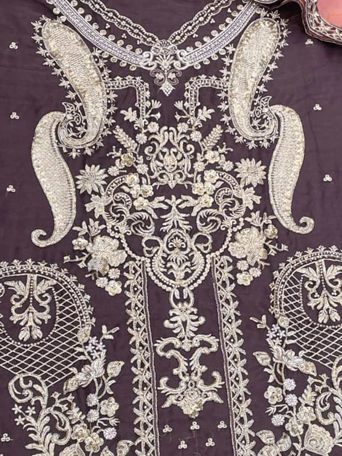 Odette Brown Organza Embroidered Semi Stitched Salwar Suit For Women - Image 3