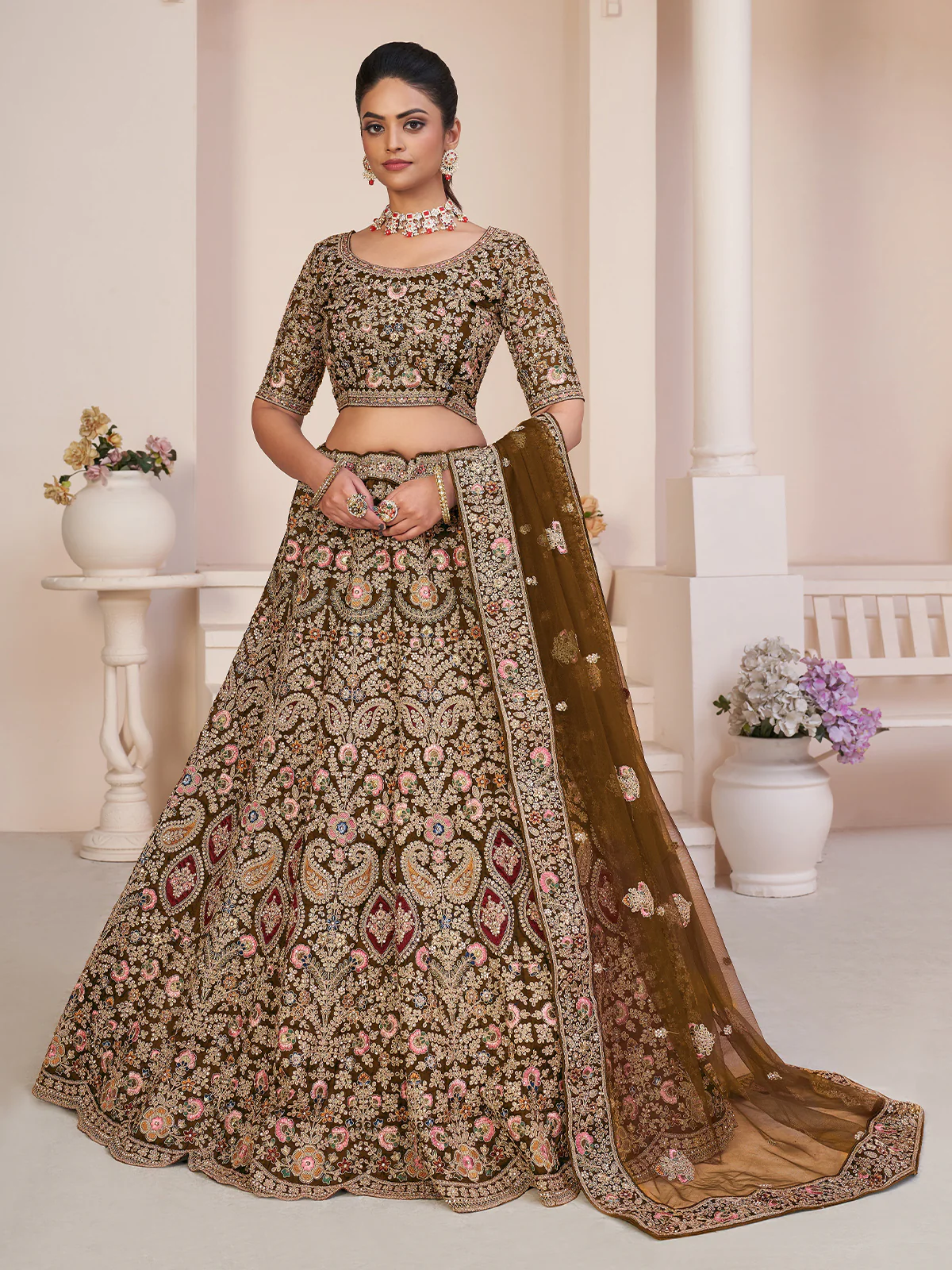 Odette Brown Organza Net Embroidered Semi Stitched Lehenga With Unstitched Blouse for Women - Image 2