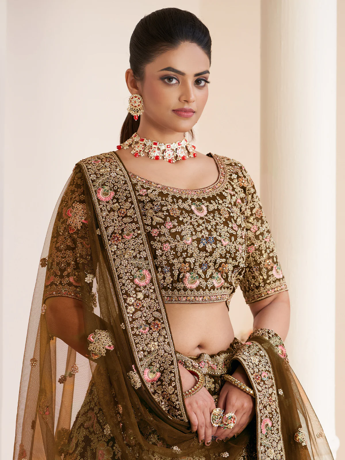 Odette Brown Organza Net Embroidered Semi Stitched Lehenga With Unstitched Blouse for Women - Image 4