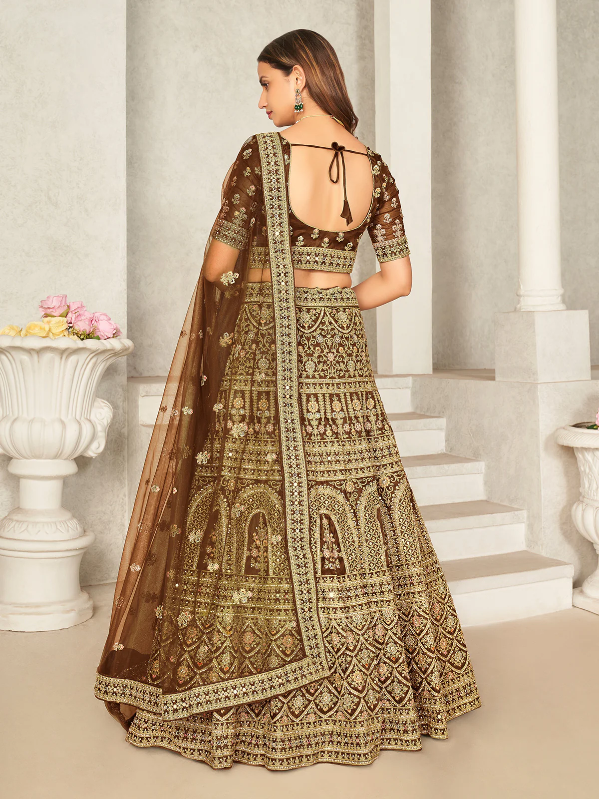 Odette Brown Organza Blend Embroidered Semi Stitched Lehenga With Unstitched Blouse for Women - Image 3
