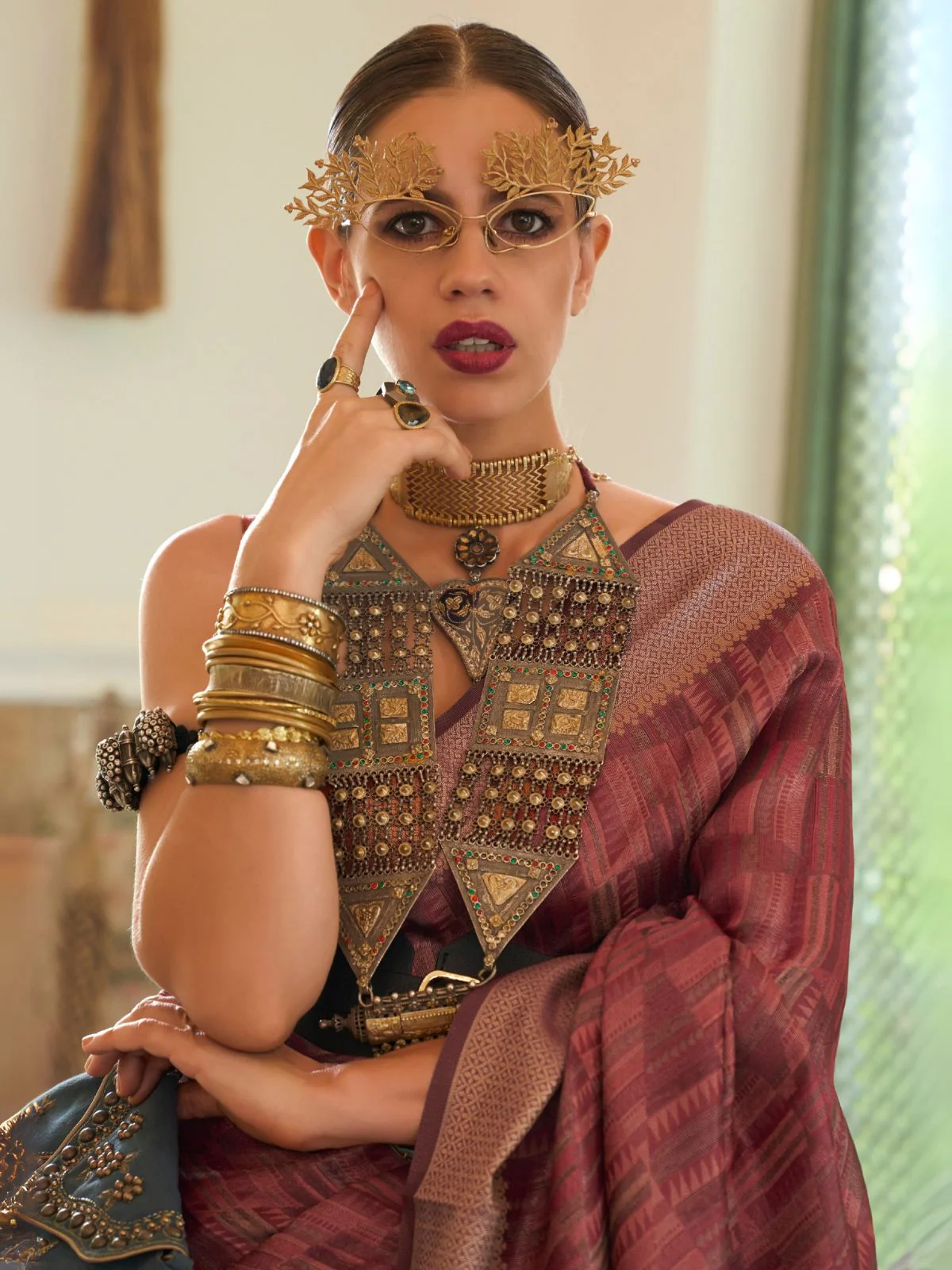 Odette Brown Organza Woven Saree With Unstitched Blouse for Women - Image 2
