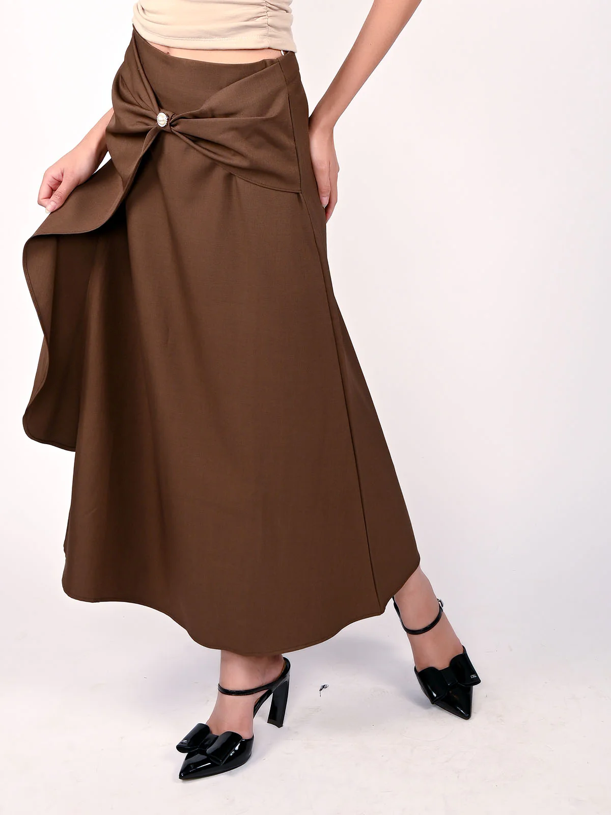 Odette Brown Polyester Bow Design Skirt For Women - Image 3