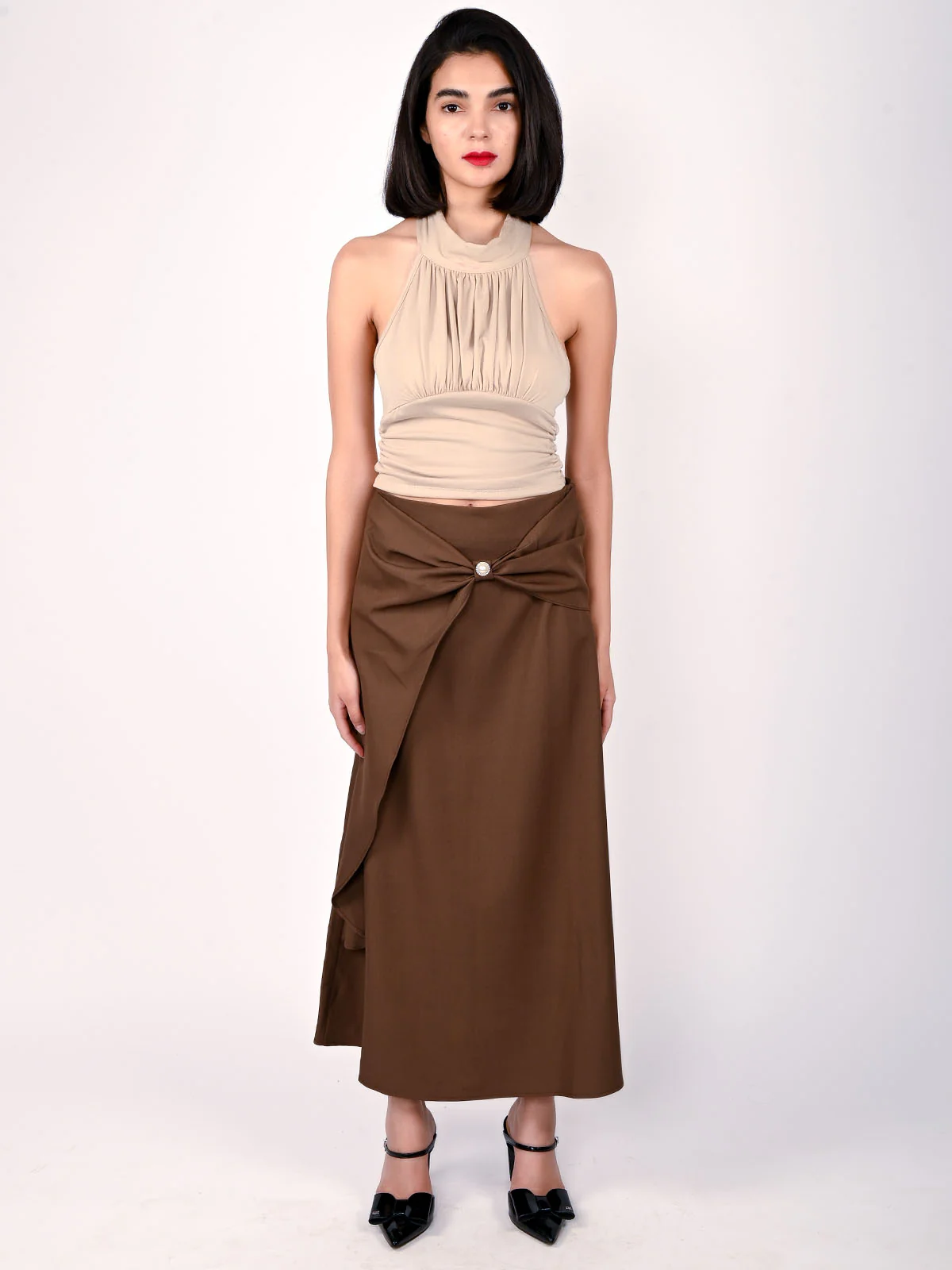 Odette Brown Polyester Bow Design Skirt For Women - Image 6