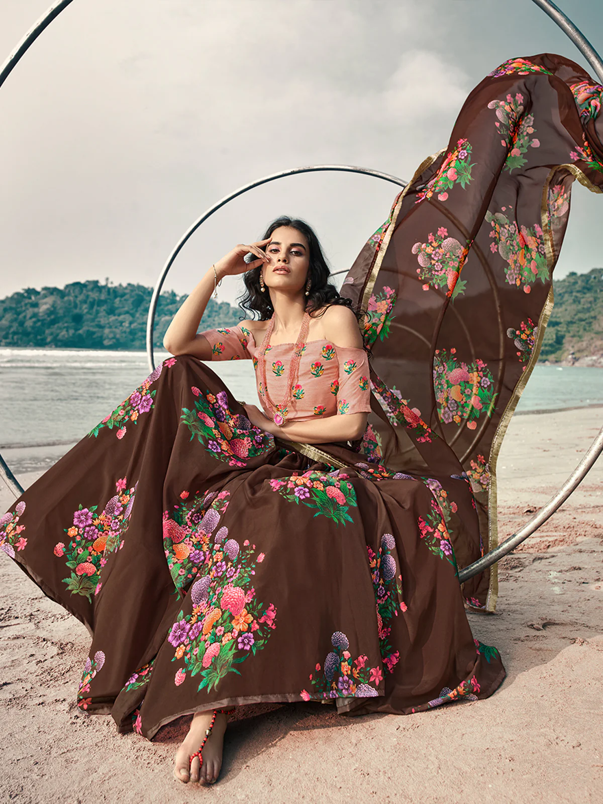 Odette Brown Printed Organza Semi Stitched Lehenga With Blouse For Women - Image 2