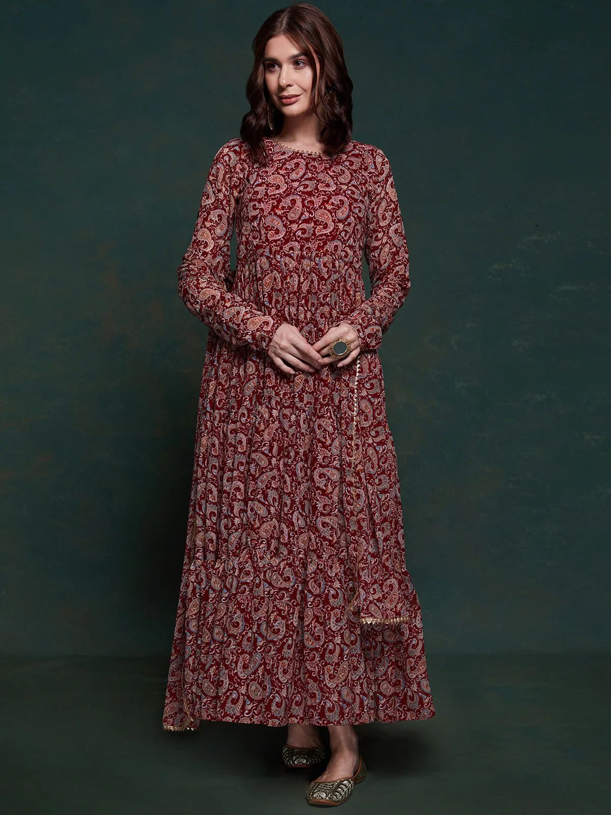 Odette Burgundy Printed Organza Stitched Gown For Women - Image 2