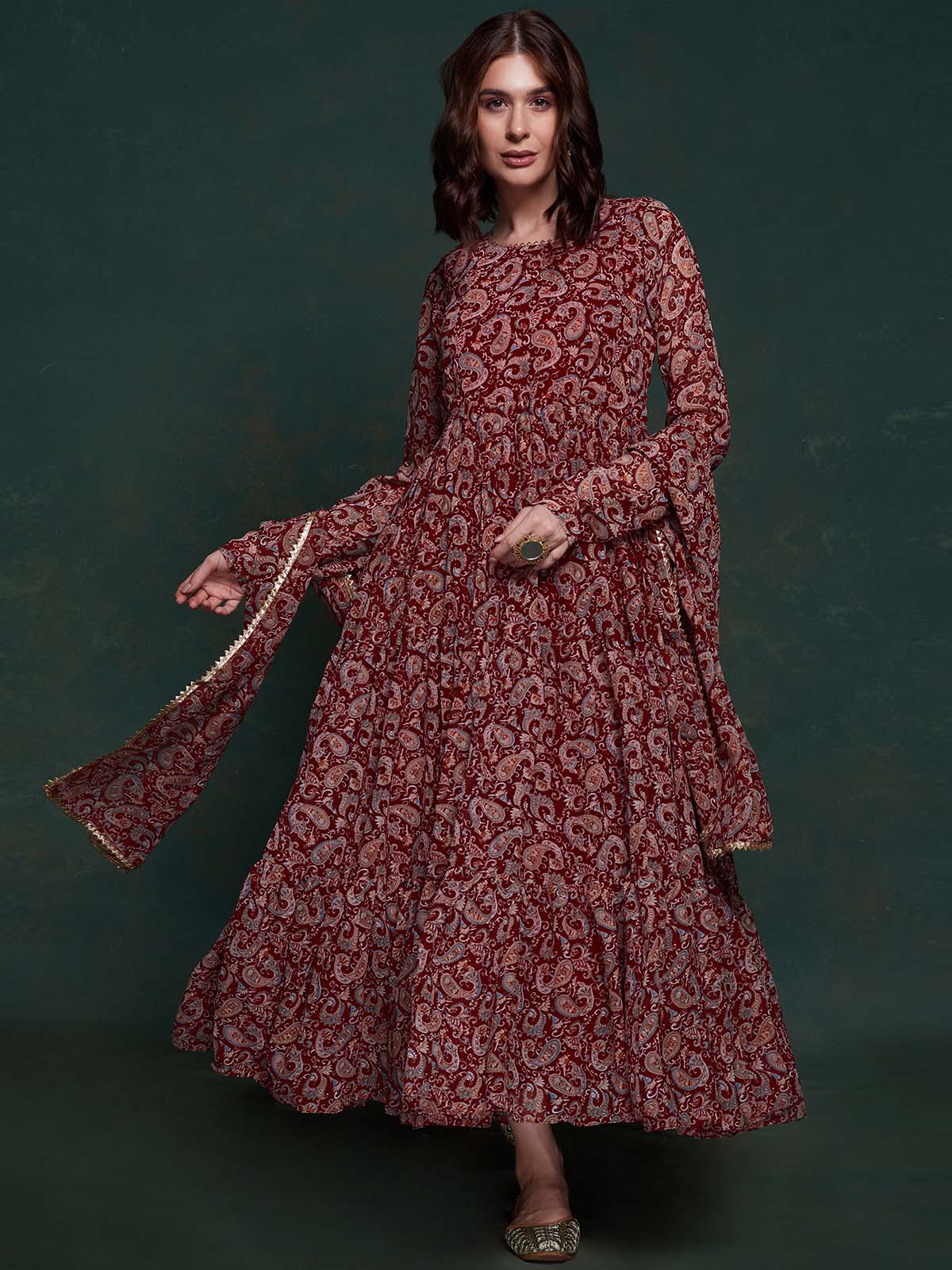 Odette Burgundy Printed Organza Stitched Gown For Women - Image 3