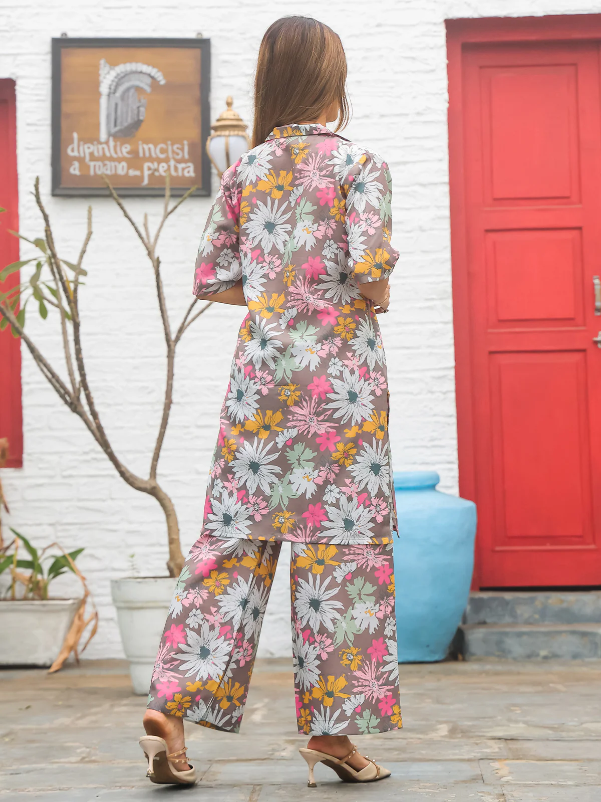 Odette Brown Cotton Printed Stitched Co Ord Set for Women - Image 3