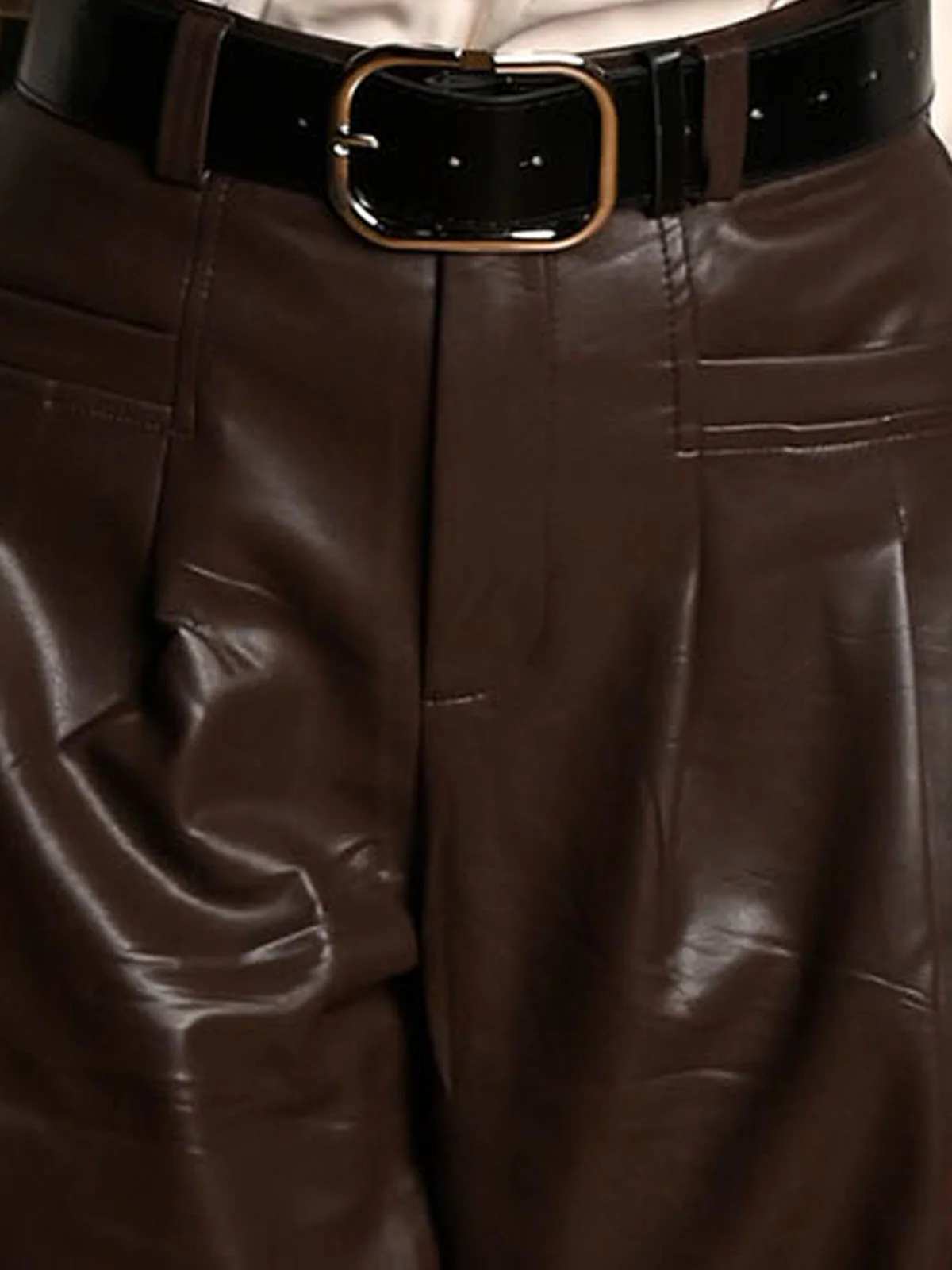 Odette Brown PU Solid Trouser For Women - Image 5