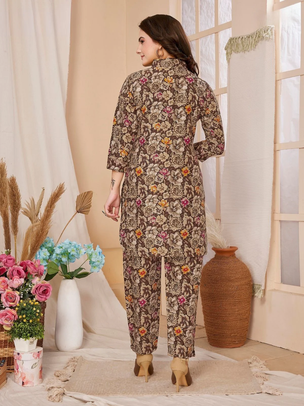 Odette Brown Rayon Floral Printed Semi-Stitched Co-Ord Set For Women - Image 4