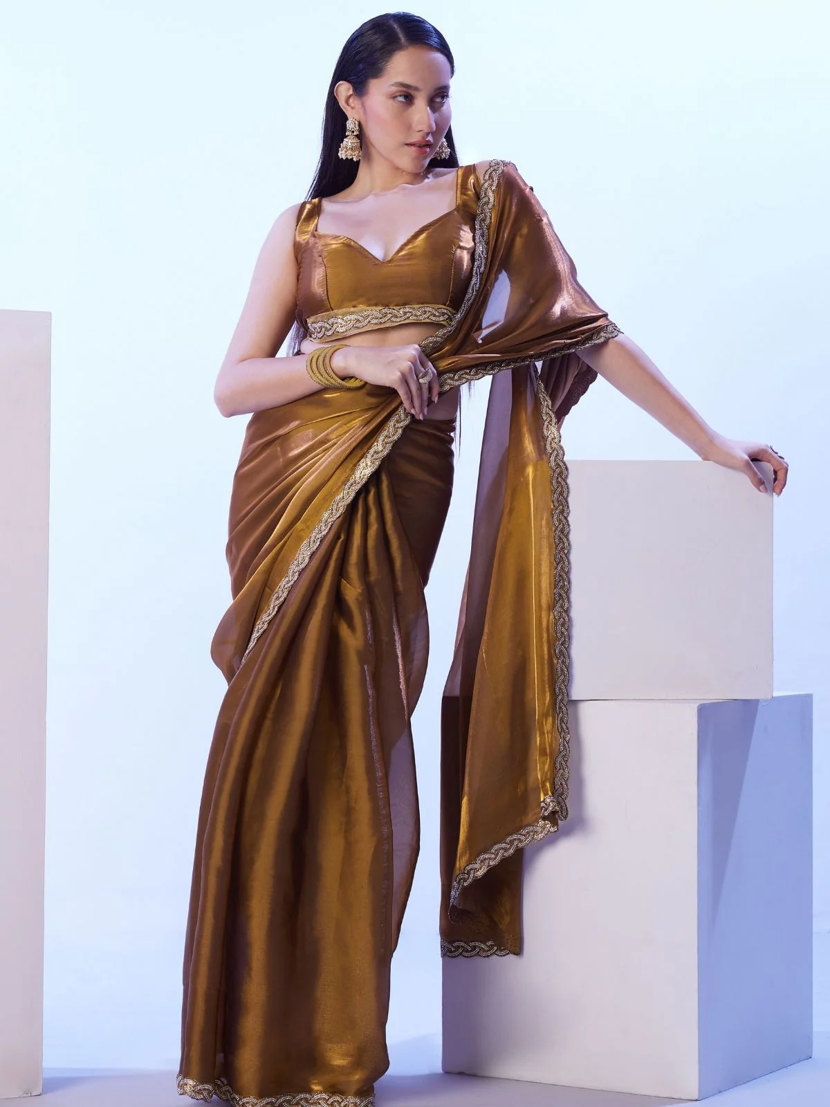 Odette Brown Satin Lace Work Saree With Unstitched Blouse For Women - Image 3