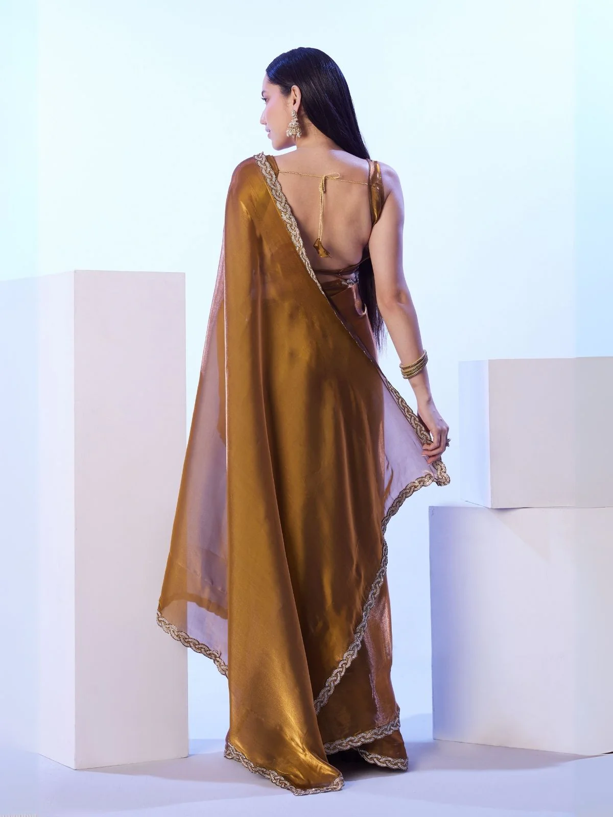 Odette Brown Satin Lace Work Saree With Unstitched Blouse For Women - Image 5