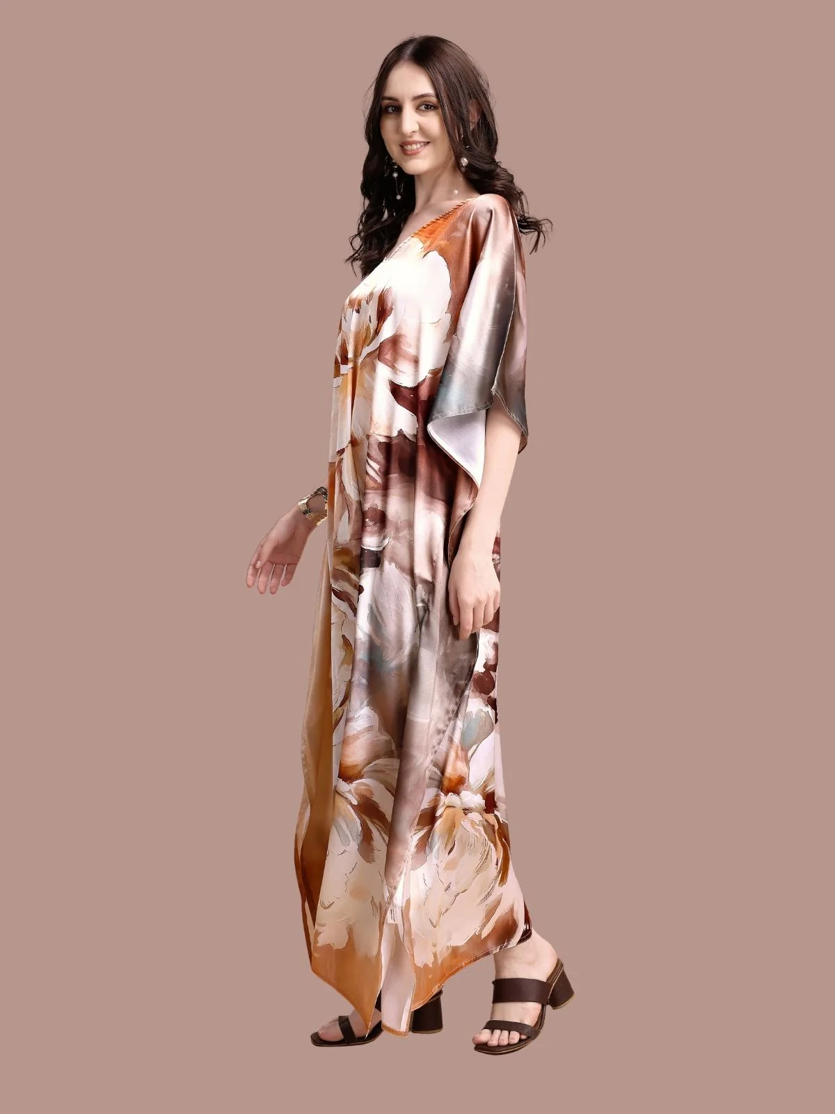 Odette Brown Satin Printed Kaftan For Women - Image 2