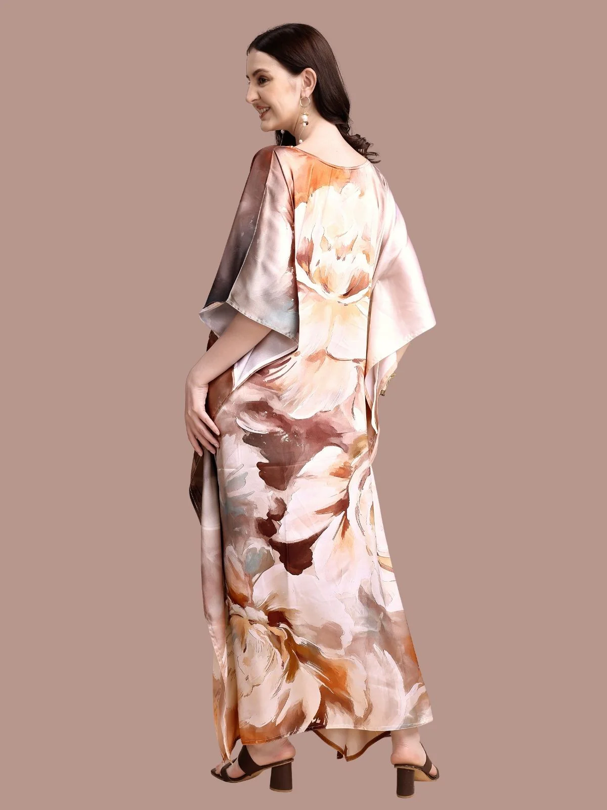 Odette Brown Satin Printed Kaftan For Women - Image 3