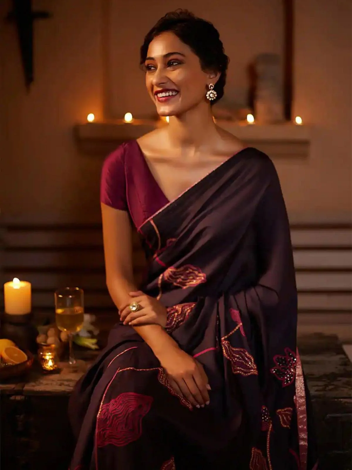 Odette Brown Satin Printed Saree With Unstitched Blouse For Women - Image 2