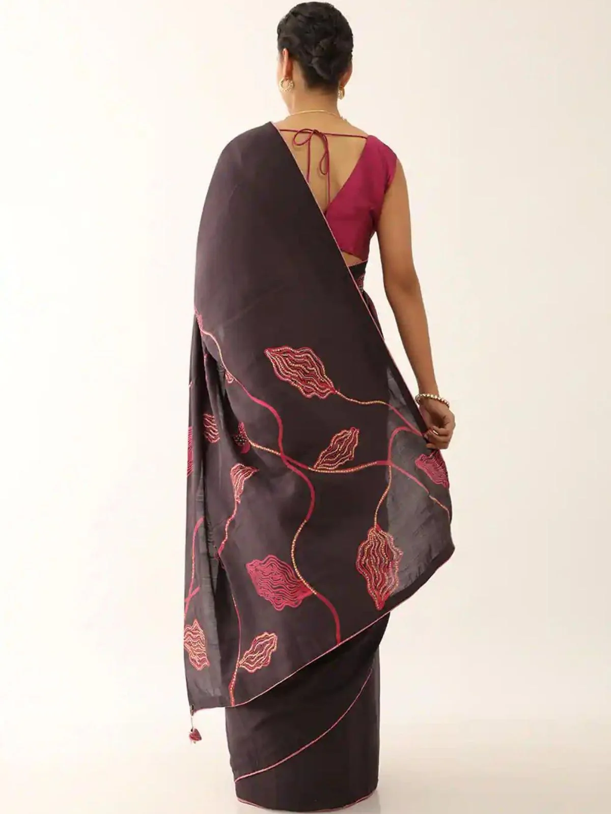 Odette Brown Satin Printed Saree With Unstitched Blouse For Women - Image 3
