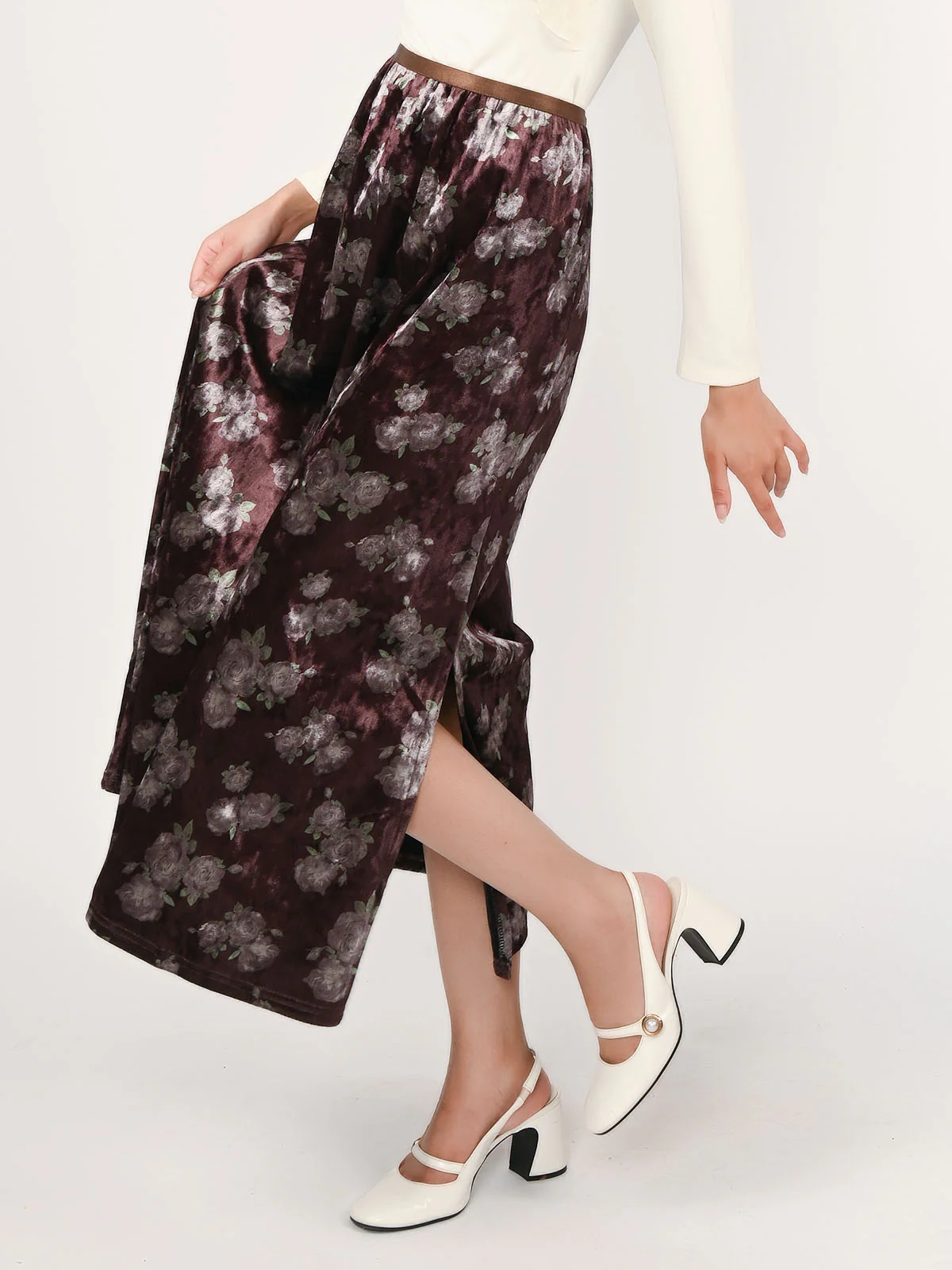 Odette Brown Satin Printed Skirt For Women - Image 3
