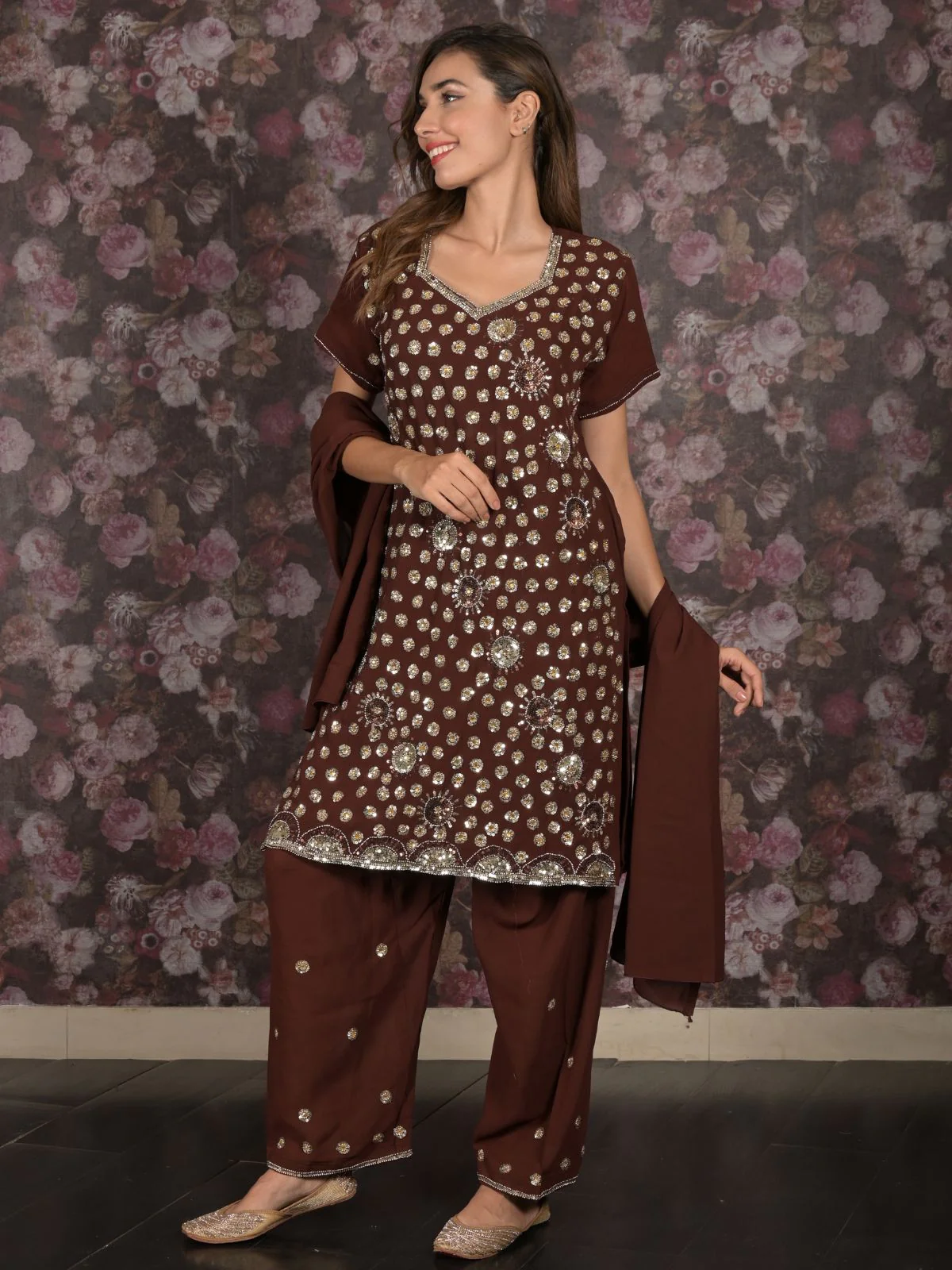Odette Brown Sequins Embroidered Semi Stitched Kurta Set With Dupatta For Women - Image 2