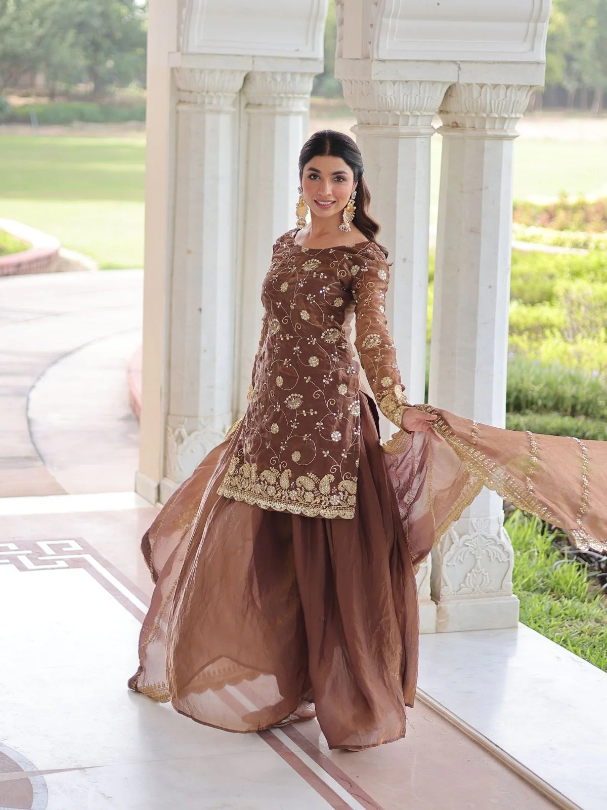 Odette Brown Silk Blend Embellished Kurta Set For Women - Image 2