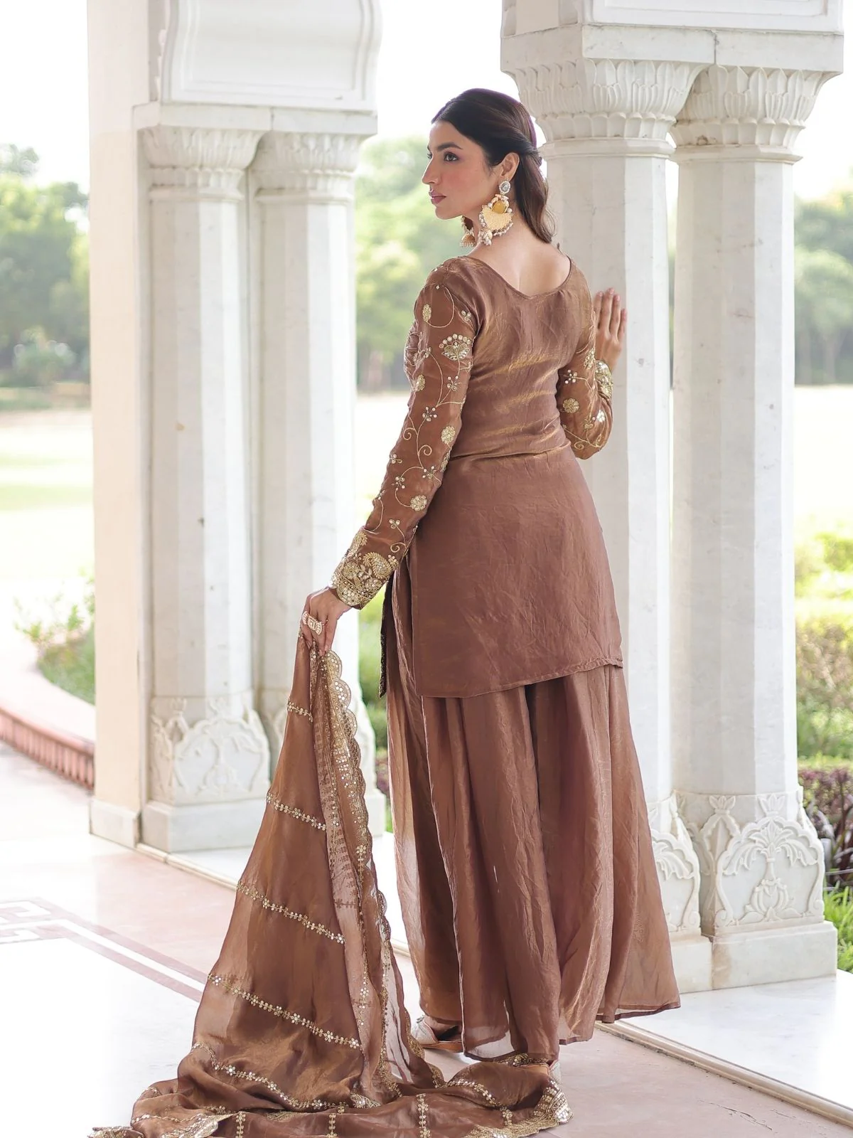 Odette Brown Silk Blend Embellished Kurta Set For Women - Image 3