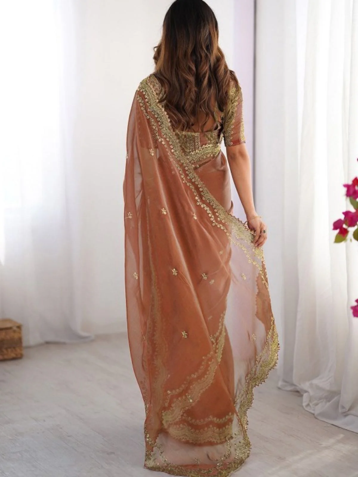 Odette Brown Silk Blend Embellished Solid Saree For Women - Image 2