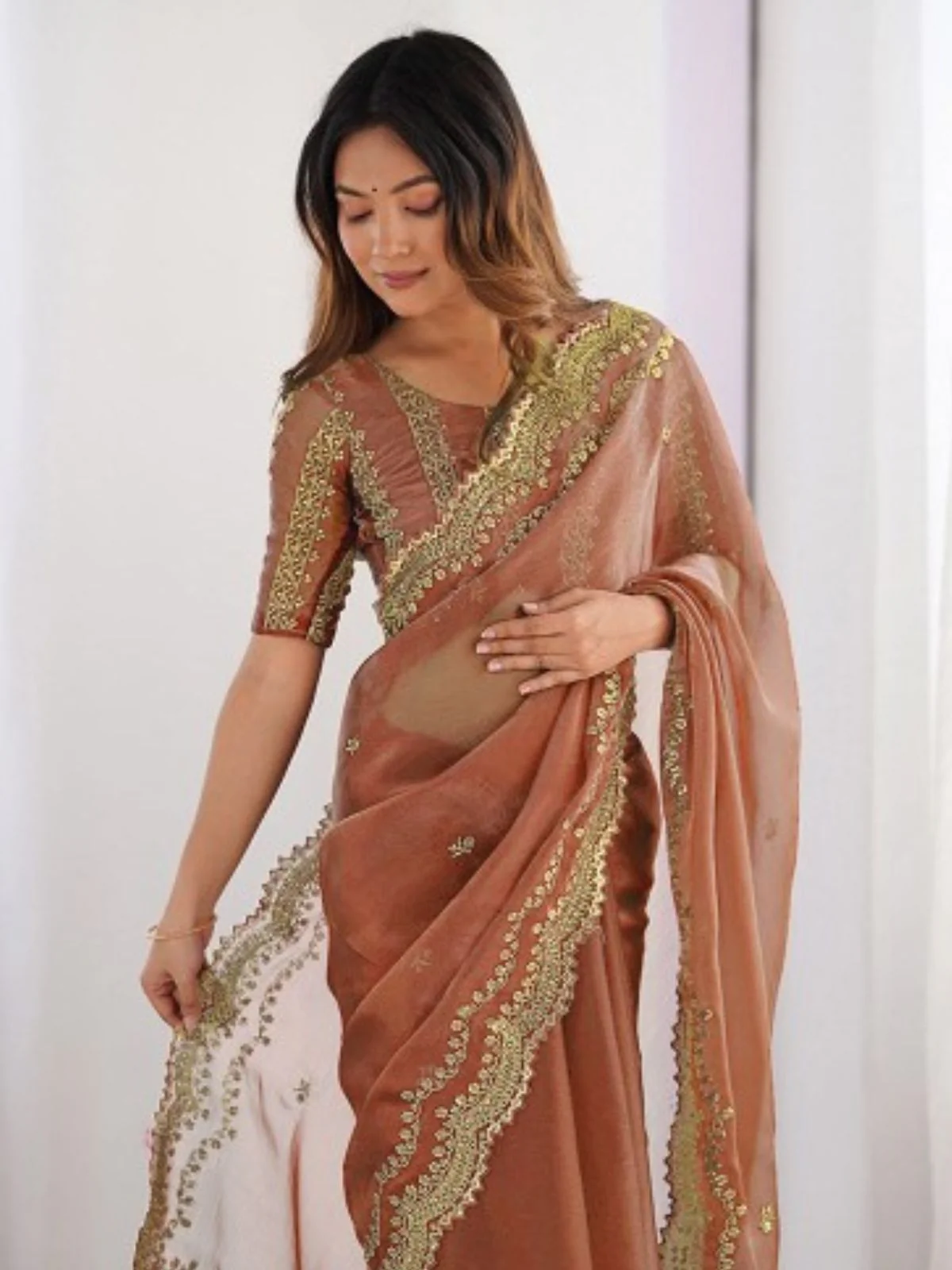 Odette Brown Silk Blend Embellished Solid Saree For Women - Image 3