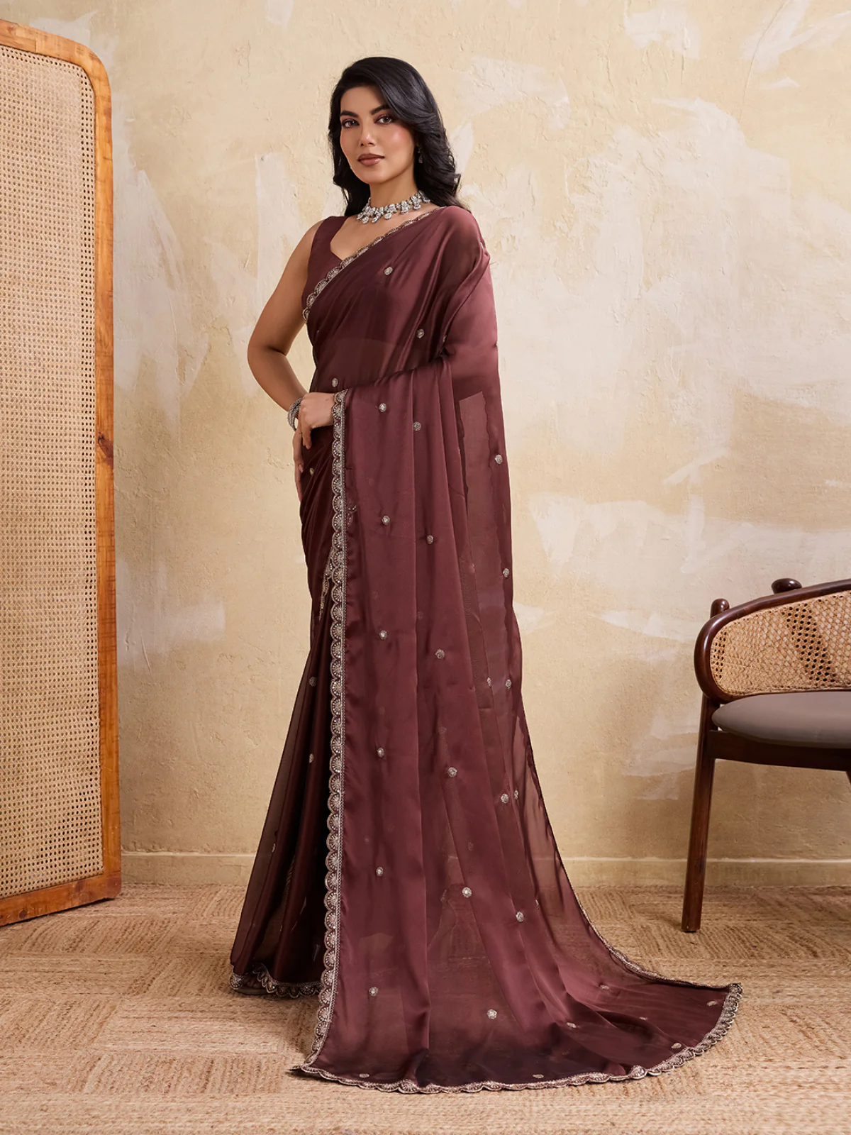 Odette Brown Silk Blend Embroidered Saree For Women - Image 2