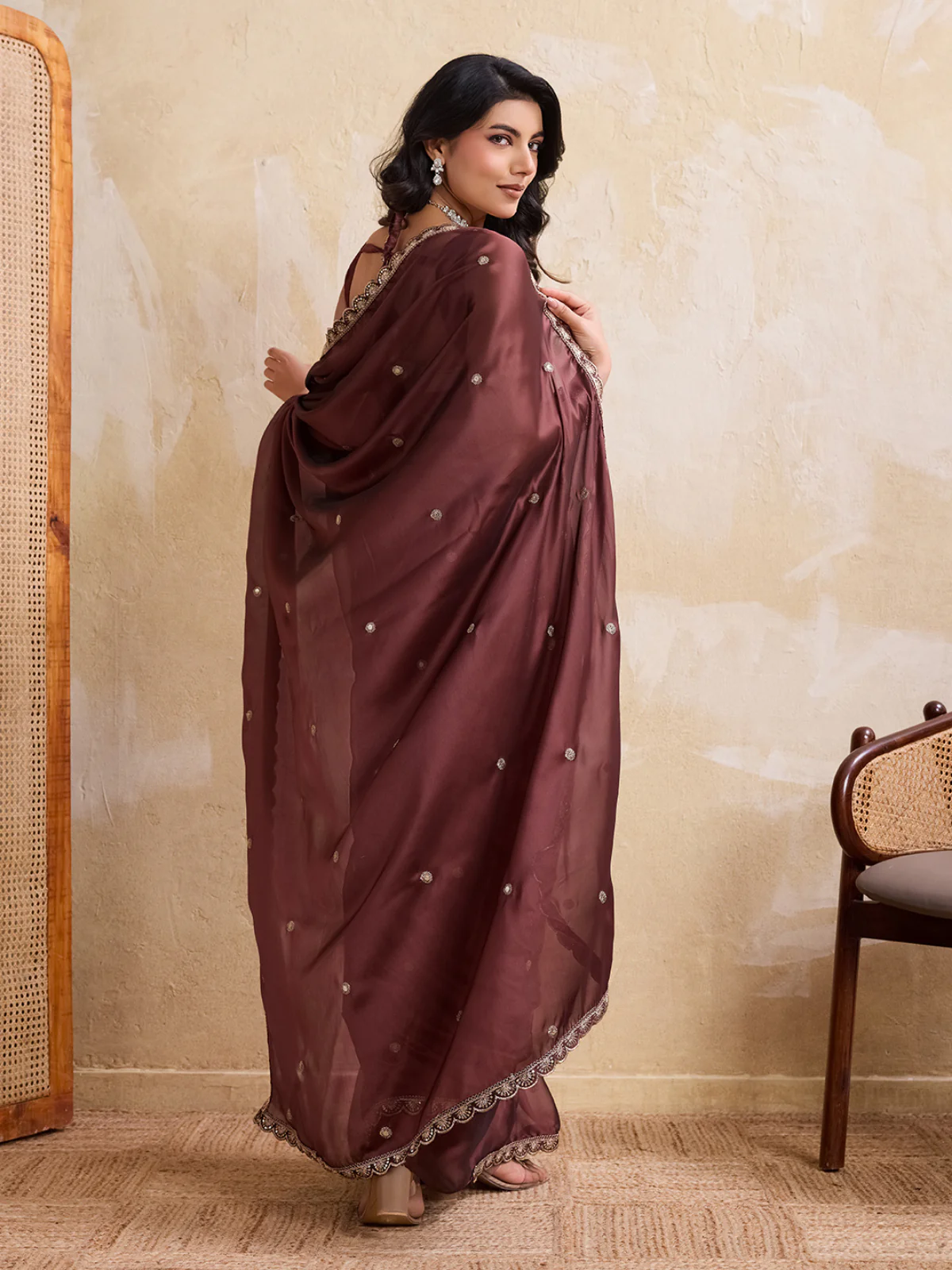 Odette Brown Silk Blend Embroidered Saree For Women - Image 3