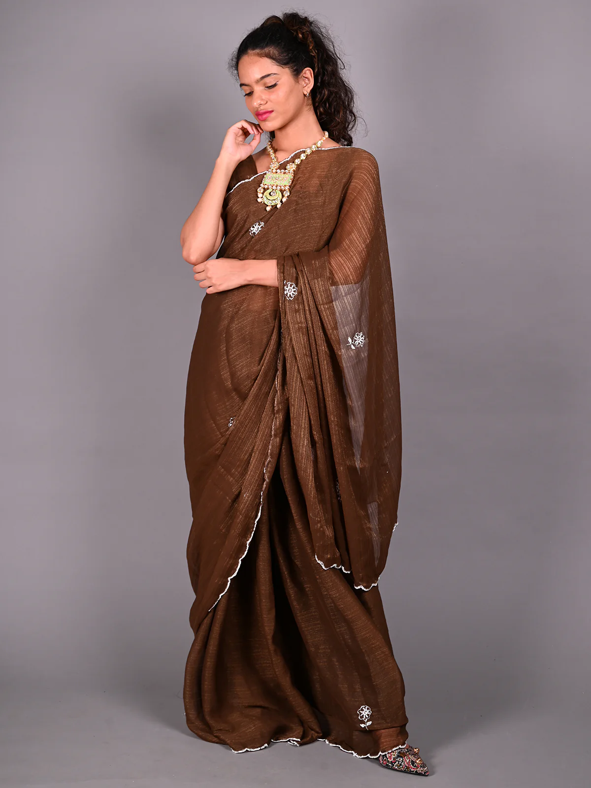 Odette Brown Silk Blend Embroidered Saree For Women - Image 2