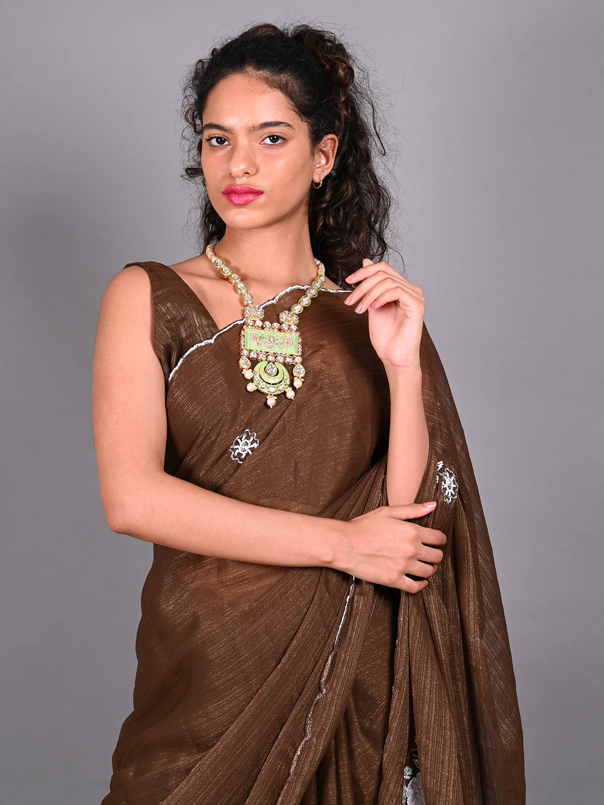 Odette Brown Silk Blend Embroidered Saree For Women - Image 4