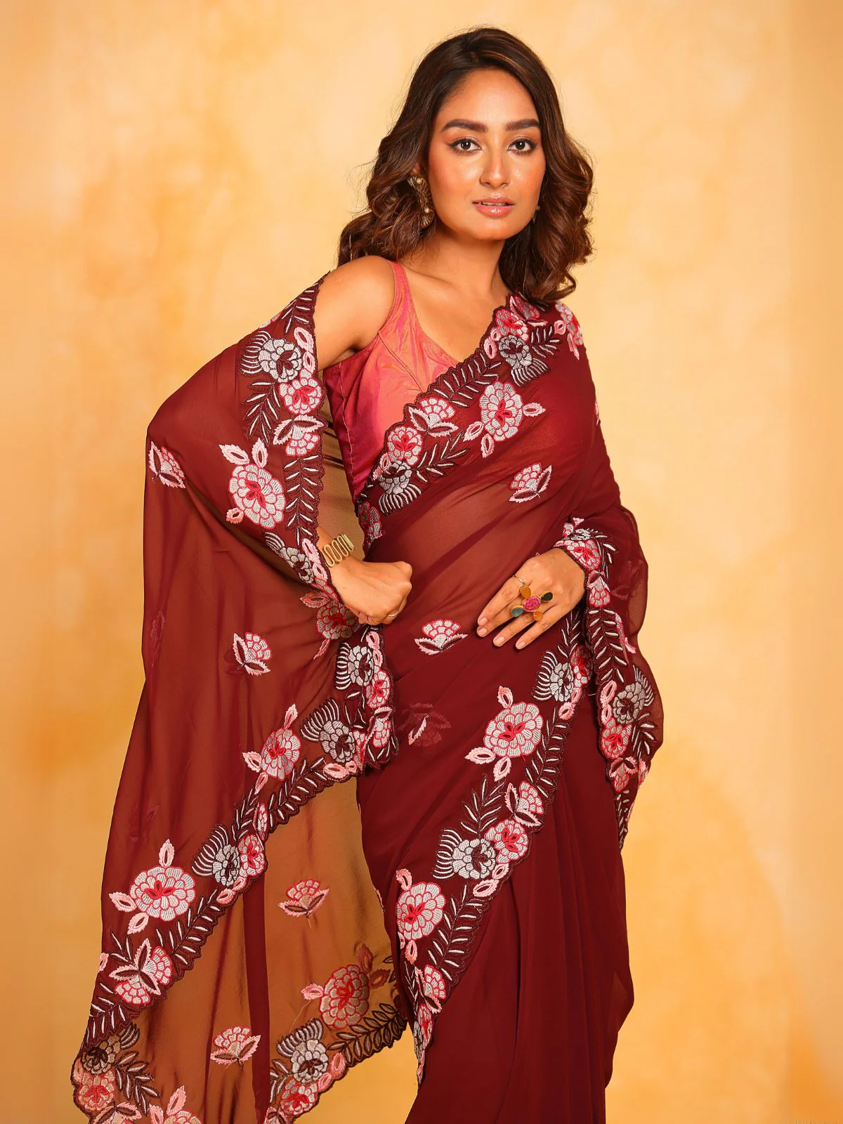 Odette Brown Silk Blend Embroidered Saree With Unstitched Blouse For Women - Image 3