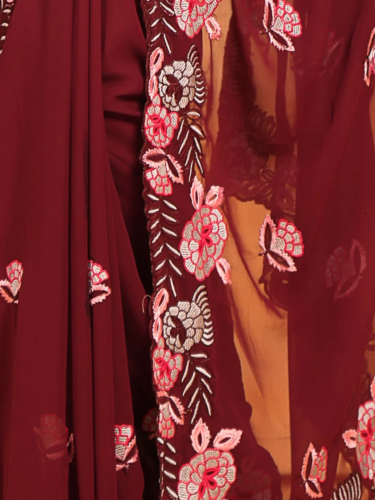 Odette Brown Silk Blend Embroidered Saree With Unstitched Blouse For Women - Image 4