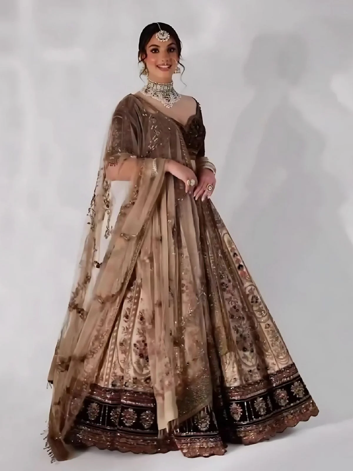 Odette Brown Silk Blend Embroidered Semi-Stitched Lehenga For Women - Image 2
