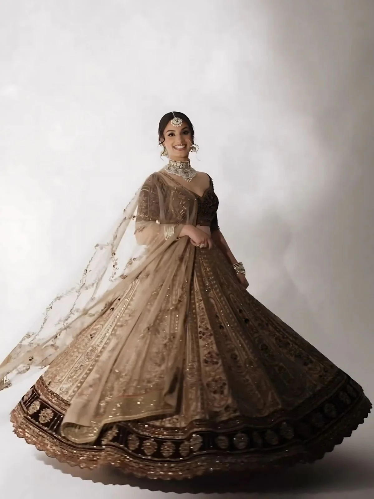 Odette Brown Silk Blend Embroidered Semi-Stitched Lehenga For Women - Image 3