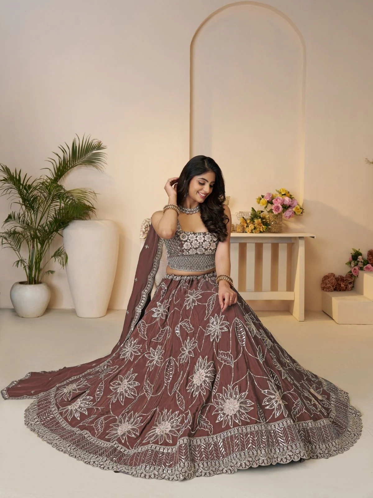 Odette Brown Silk Blend Embroidered Semi-Stitched Lehenga For Women - Image 2