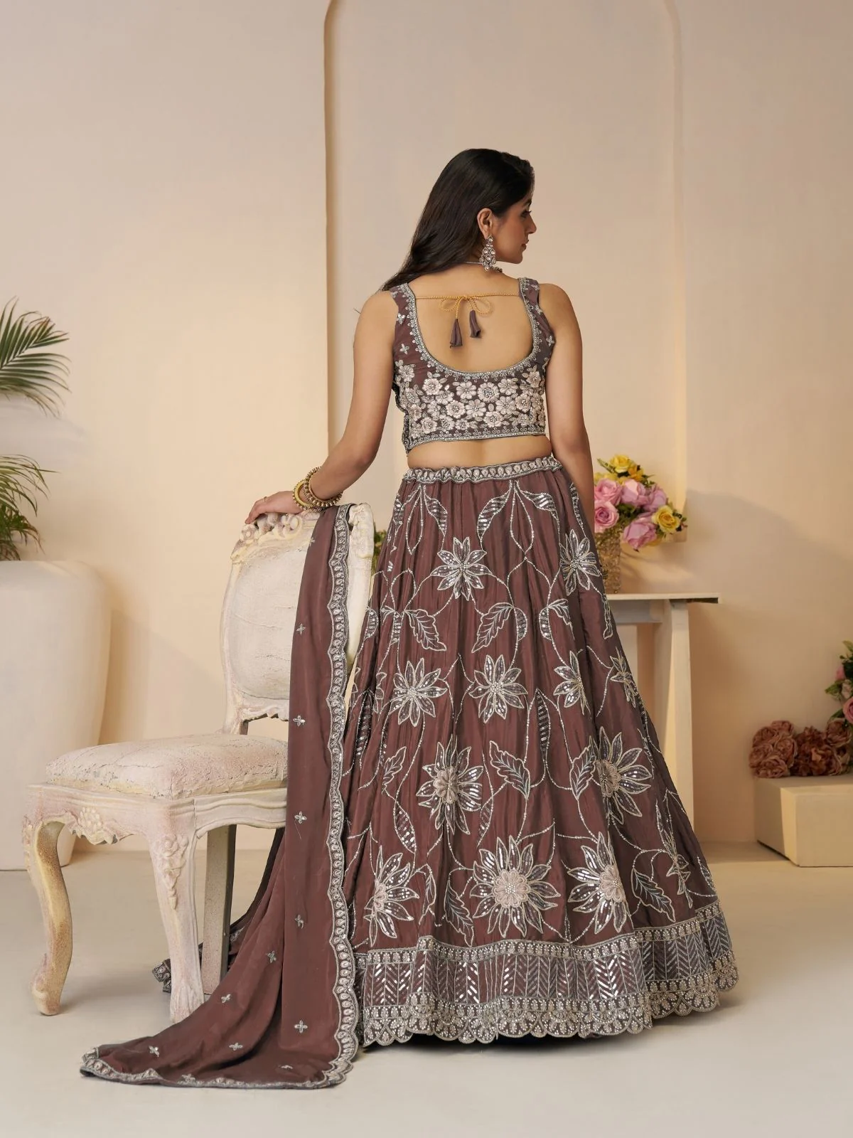 Odette Brown Silk Blend Embroidered Semi-Stitched Lehenga For Women - Image 4
