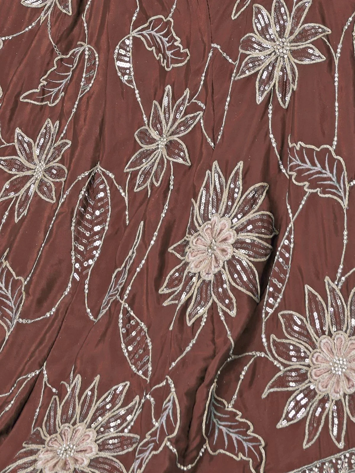 Odette Brown Silk Blend Embroidered Semi-Stitched Lehenga For Women - Image 5