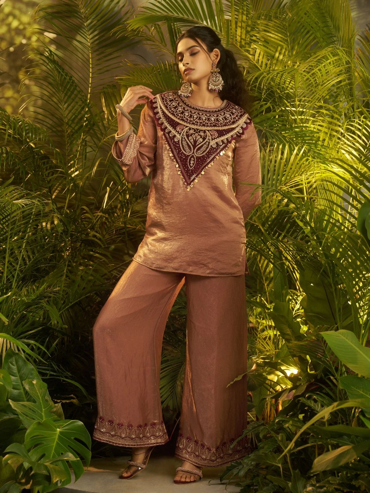 Odette Brown Silk Blend Embroidered Stitched Co-Ord Set For Women - Image 3