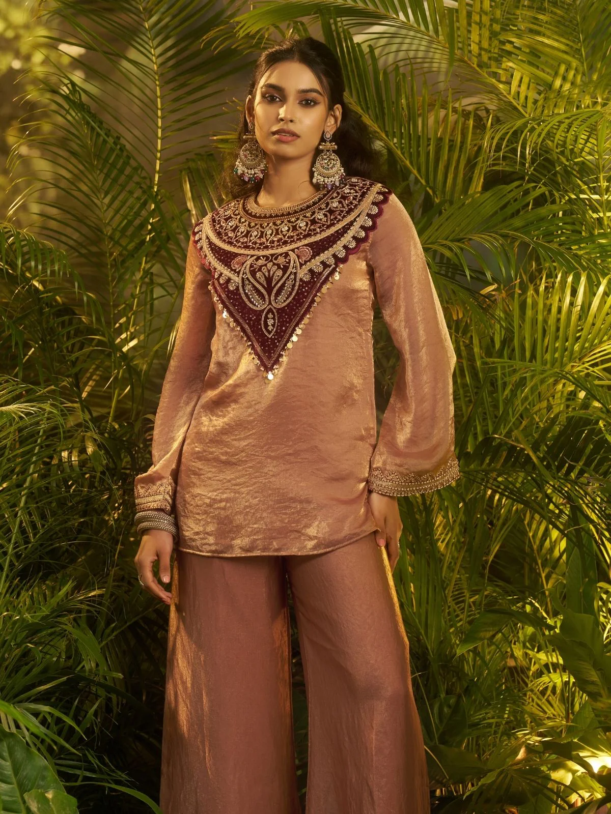 Odette Brown Silk Blend Embroidered Stitched Co-Ord Set For Women - Image 5