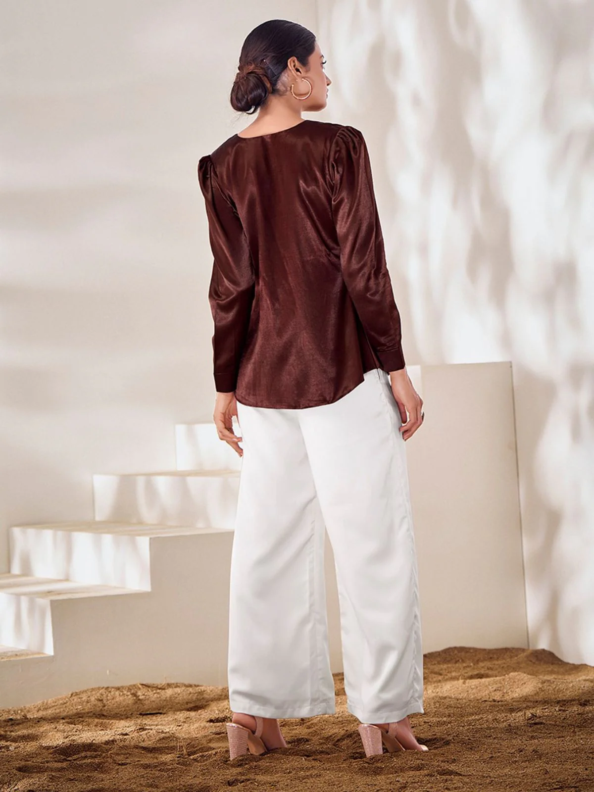 Odette Brown Silk Blend Embroidered Top For Women - Image 3