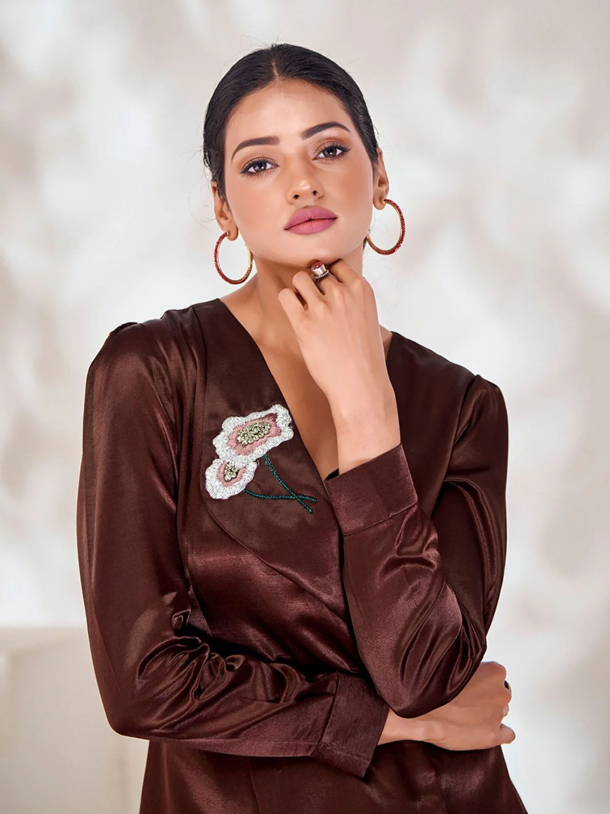 Odette Brown Silk Blend Embroidered Top For Women - Image 5