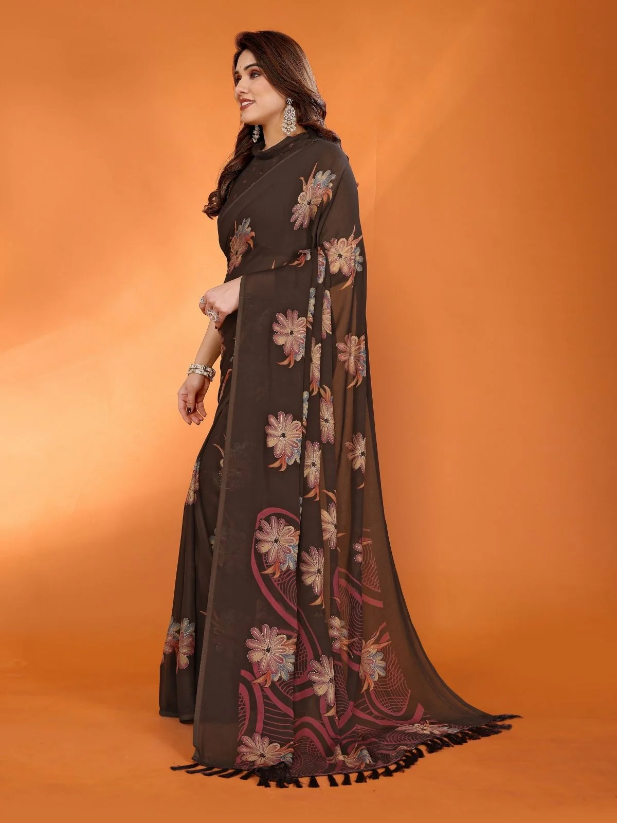 Odette Brown Silk Blend Floral Print Saree For Women - Image 2